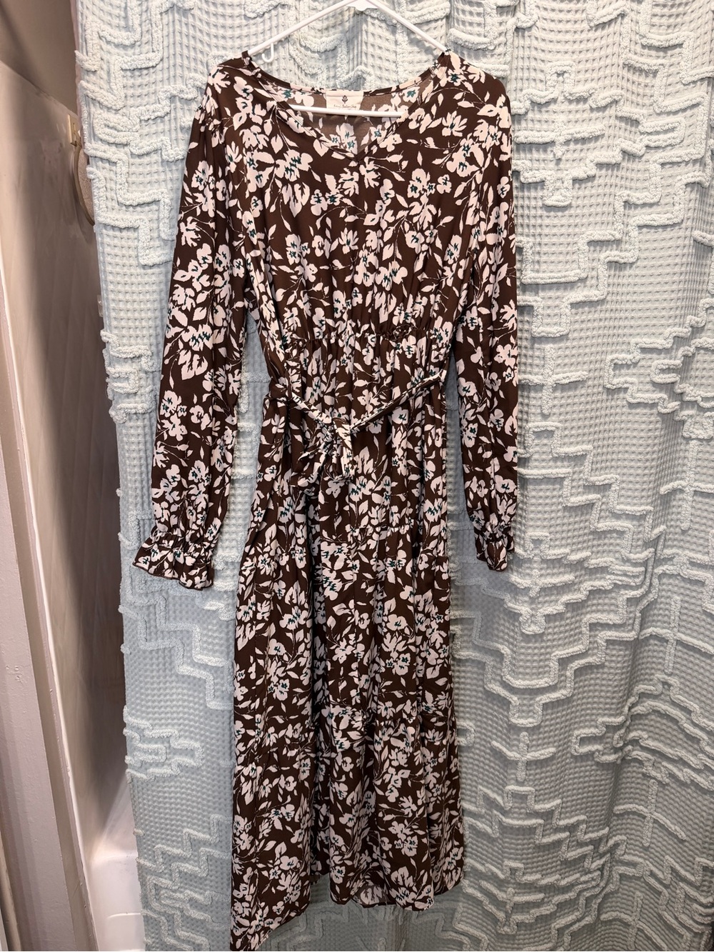 Gorgeous Floral Long Sleeve Tie-Waist Dress - Brown/White/Teal